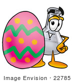 #22785 Clip Art Graphic Of A Beaker Laboratory Flask Cartoon Character Standing Beside An Easter Egg