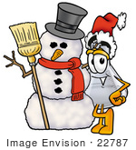 #22787 Clip Art Graphic Of A Beaker Laboratory Flask Cartoon Character With A Snowman On Christmas