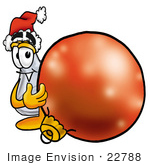 #22788 Clip Art Graphic Of A Beaker Laboratory Flask Cartoon Character Wearing A Santa Hat Standing With A Christmas Bauble