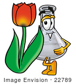 #22789 Clip Art Graphic Of A Beaker Laboratory Flask Cartoon Character With A Red Tulip Flower In The Spring