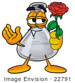 #22791 Clip Art Graphic Of A Beaker Laboratory Flask Cartoon Character Holding A Red Rose On Valentines Day