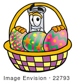 #22793 Clip Art Graphic Of A Beaker Laboratory Flask Cartoon Character In An Easter Basket Full Of Decorated Easter Eggs