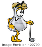 #22799 Clip Art Graphic Of A Laboratory Flask Beaker Cartoon Character Leaning On A Golf Club While Golfing