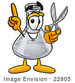 #22805 Clip Art Graphic Of A Laboratory Flask Beaker Cartoon Character Holding A Pair Of Scissors