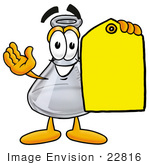 #22816 Clip Art Graphic Of A Laboratory Flask Beaker Cartoon Character Holding A Yellow Sales Price Tag