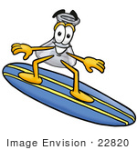 #22820 Clip Art Graphic Of A Laboratory Flask Beaker Cartoon Character Surfing On A Blue And Yellow Surfboard