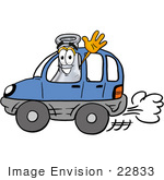 #22833 Clip Art Graphic Of A Laboratory Flask Beaker Cartoon Character Driving A Blue Car And Waving