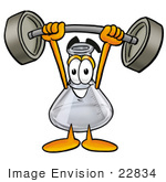 #22834 Clip Art Graphic Of A Laboratory Flask Beaker Cartoon Character Holding A Heavy Barbell Above His Head