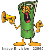 #22865 Clip Art Graphic Of A Rolled Green Carpet Cartoon Character Screaming Into A Megaphone