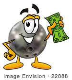 #22888 Clip Art Graphic Of A Bowling Ball Cartoon Character Holding A Dollar Bill