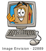 #22889 Clip Art Graphic Of A Cardboard Shipping Box Cartoon Character Waving From Inside A Computer Screen