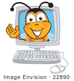 #22890 Clip Art Graphic Of A Honey Bee Cartoon Character Waving From Inside A Computer Screen