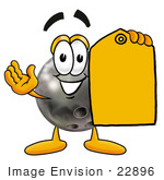 #22896 Clip Art Graphic Of A Bowling Ball Cartoon Character Holding A Yellow Sales Price Tag