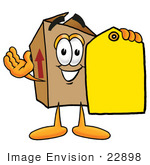 #22898 Clip Art Graphic Of A Cardboard Shipping Box Cartoon Character Holding A Yellow Sales Price Tag