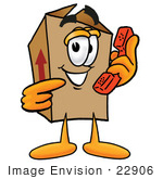 #22906 Clip Art Graphic Of A Cardboard Shipping Box Cartoon Character Holding A Telephone