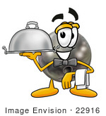 #22916 Clip Art Graphic Of A Bowling Ball Cartoon Character Dressed As A Waiter And Holding A Serving Platter