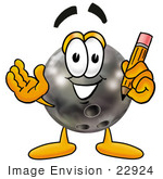 #22924 Clip Art Graphic Of A Bowling Ball Cartoon Character Holding A Pencil