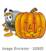 #22925 Clip Art Graphic Of A Bowling Ball Cartoon Character With A Carved Halloween Pumpkin