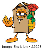 #22928 Clip Art Graphic Of A Cardboard Shipping Box Cartoon Character Holding A Red Rose On Valentines Day
