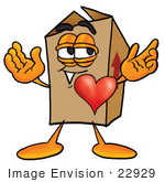 #22929 Clip Art Graphic Of A Cardboard Shipping Box Cartoon Character With His Heart Beating Out Of His Chest