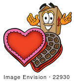 #22930 Clip Art Graphic Of A Cardboard Shipping Box Cartoon Character With An Open Box Of Valentines Day Chocolate Candies