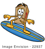#22937 Clip Art Graphic Of A Cardboard Shipping Box Cartoon Character Surfing On A Blue And Yellow Surfboard