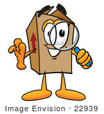 #22939 Clip Art Graphic Of A Cardboard Shipping Box Cartoon Character Looking Through A Magnifying Glass