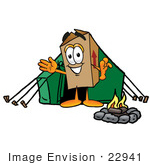 #22941 Clip Art Graphic Of A Cardboard Shipping Box Cartoon Character Camping With A Tent And Fire
