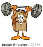 #22944 Clip Art Graphic Of A Cardboard Shipping Box Cartoon Character Holding A Heavy Barbell Above His Head