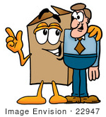 #22947 Clip Art Graphic Of A Cardboard Shipping Box Cartoon Character Talking To A Business Man