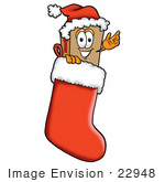 #22948 Clip Art Graphic Of A Cardboard Shipping Box Cartoon Character Wearing A Santa Hat Inside A Red Christmas Stocking