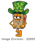 #22955 Clip Art Graphic Of A Cardboard Shipping Box Cartoon Character Wearing A Saint Patricks Day Hat With A Clover On It