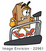#22961 Clip Art Graphic Of A Cardboard Shipping Box Cartoon Character Walking On A Treadmill In A Fitness Gym
