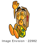 #22982 Clip Art Graphic Of A Cardboard Shipping Box Cartoon Character Plugging His Nose While Jumping Into Water