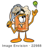 #22988 Clip Art Graphic Of A Frothy Mug Of Beer Or Soda Cartoon Character Preparing To Hit A Tennis Ball