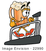 #22990 Clip Art Graphic Of A Frothy Mug Of Beer Or Soda Cartoon Character Walking On A Treadmill In A Fitness Gym