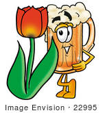 #22995 Clip Art Graphic Of A Frothy Mug Of Beer Or Soda Cartoon Character With A Red Tulip Flower In The Spring