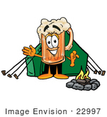 #22997 Clip Art Graphic Of A Frothy Mug Of Beer Or Soda Cartoon Character Camping With A Tent And Fire