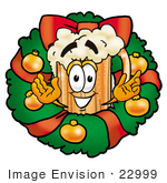 #22999 Clip Art Graphic Of A Frothy Mug Of Beer Or Soda Cartoon Character In The Center Of A Christmas Wreath