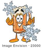 #23000 Clip Art Graphic Of A Frothy Mug Of Beer Or Soda Cartoon Character With Three Snowflakes In Winter