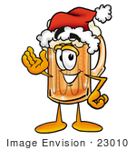 #23010 Clip Art Graphic Of A Frothy Mug Of Beer Or Soda Cartoon Character Wearing A Santa Hat And Waving