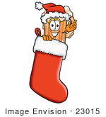 #23015 Clip Art Graphic Of A Frothy Mug Of Beer Or Soda Cartoon Character Wearing A Santa Hat Inside A Red Christmas Stocking