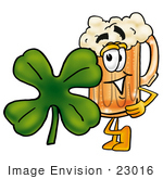 #23016 Clip Art Graphic Of A Frothy Mug Of Beer Or Soda Cartoon Character With A Green Four Leaf Clover On St Paddy’S Or St Patricks Day