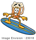 #23018 Clip Art Graphic Of A Frothy Mug Of Beer Or Soda Cartoon Character Surfing On A Blue And Yellow Surfboard