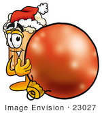 #23027 Clip Art Graphic Of A Frothy Mug Of Beer Or Soda Cartoon Character Wearing A Santa Hat Standing With A Christmas Bauble