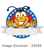 #23055 Clip Art Graphic Of A Honey Bee Cartoon Character Logo With Stars And A Blank Label