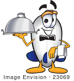 #23069 Clip Art Graphic Of A Dirigible Blimp Airship Cartoon Character Dressed As A Waiter And Holding A Serving Platter