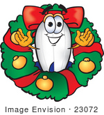 #23072 Clip Art Graphic Of A Dirigible Blimp Airship Cartoon Character In The Center Of A Christmas Wreath