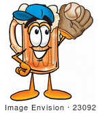 #23092 Clip Art Graphic Of A Frothy Mug Of Beer Or Soda Cartoon Character Catching A Baseball With A Glove