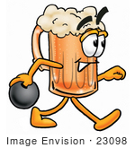 #23098 Clip Art Graphic Of A Frothy Mug Of Beer Or Soda Cartoon Character Holding A Bowling Ball